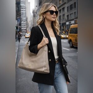 Coach Pebbled Leather Shoulder Bag Greige Grey Beige Neutral Hobo